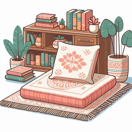 Illustration of a cozy room with a bed and a bookcaseのイラスト素材