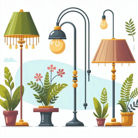 Vector illustration of vintage street lamps with flowers in pots on a white background.のイラスト素材