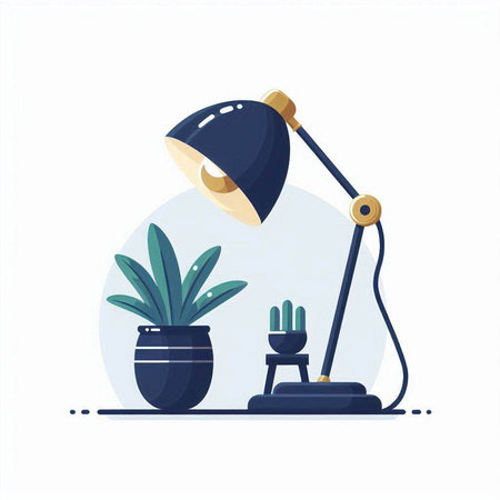 Flat design vector illustration of desk lamp and potted plant.のイラスト素材