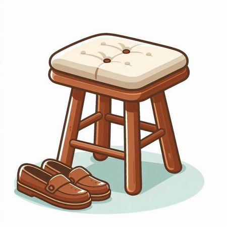 Wooden stool with shoes isolated on white background. Vector illustration.のイラスト素材