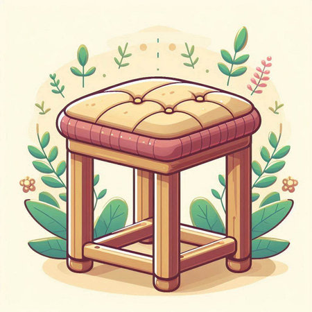 Illustration of a wooden stool with leaves and plants in the backgroundのイラスト素材