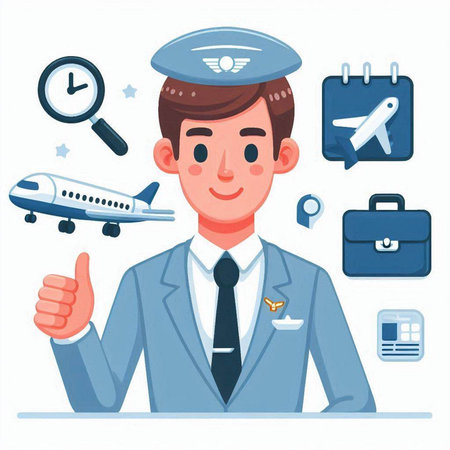 Airplane pilot with travel icon set. Vector illustration in cartoon styleのイラスト素材
