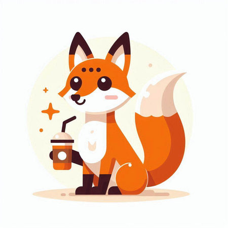 Cute fox with a cup of coffee. Vector illustration in flat styleのイラスト素材