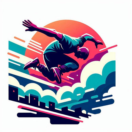 Skateboarder jumping on the sunset background. Vector illustration.のイラスト素材