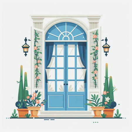 Beautiful blue door with flowers in pots. Vector illustration in flat style.のイラスト素材