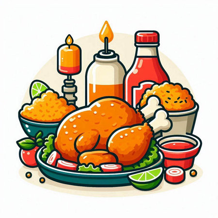 Illustration of roasted chicken on a plate. Vector illustration in cartoon style.のイラスト素材
