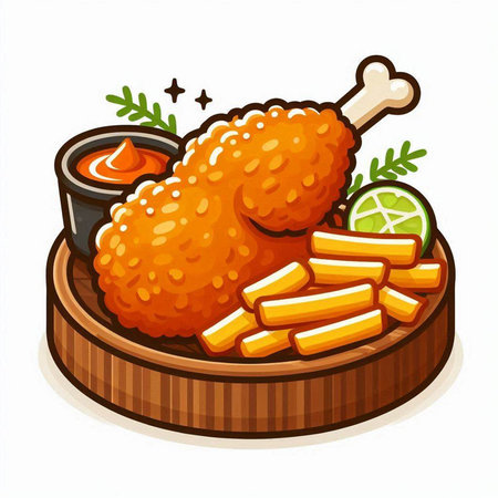 Illustration of fried chicken with french fries on a wooden plate.のイラスト素材