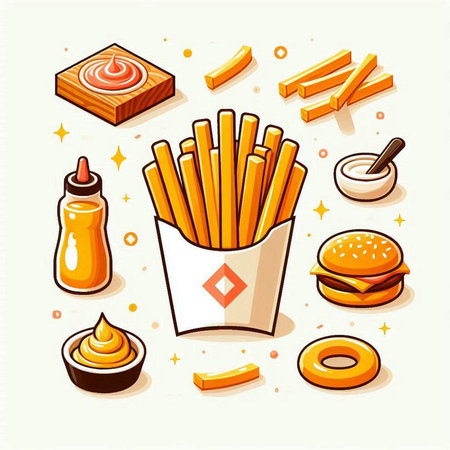 Fast food icons set. French fries, hamburgernnaise, mustard and mayonnaise.のイラスト素材