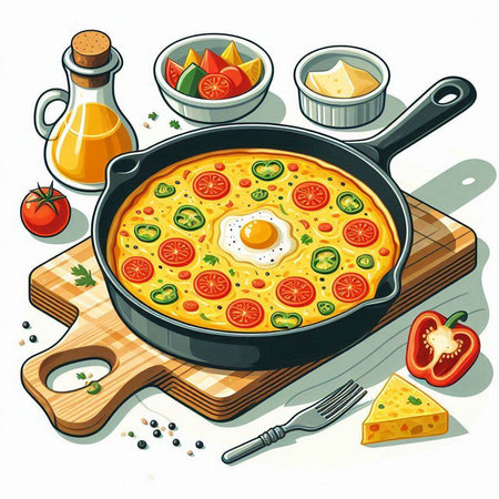 Illustration of omelette in a frying pan with vegetables.のイラスト素材