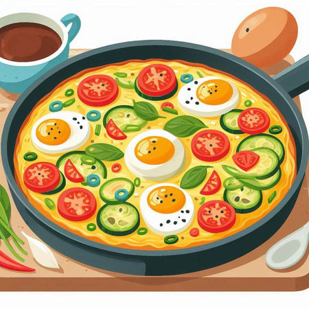 Illustration of a Fried Egg with Tomato, Cucumber and Basilのイラスト素材