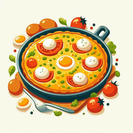 Illustration of pizza with mozzarella, tomato and green peasのイラスト素材
