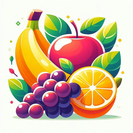 Fruit background with apple, banana, grape and orange. Vector illustrationのイラスト素材