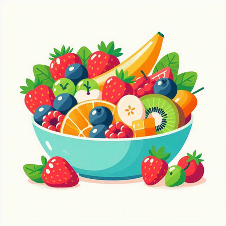 Bowl of fresh fruit salad. Vector illustration in cartoon style.のイラスト素材