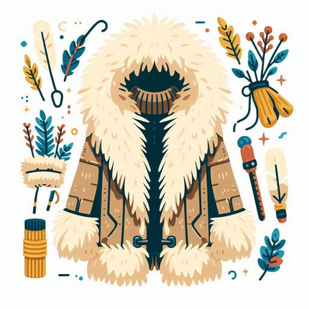 Vector illustration of a man in a fur coat with feathers on a white background.のイラスト素材