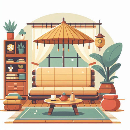 Living room interior with sofa, armchair, coffee table, bookshelf and potted plants. Flat vector illustration.のイラスト素材