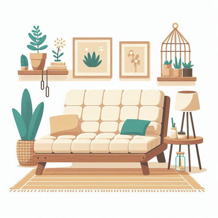 Living room interior with sofa and plants. Vector illustration in flat styleのイラスト素材