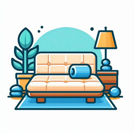 Vector illustration of a cozy bedroom with a sofa, a lamp and a plantのイラスト素材