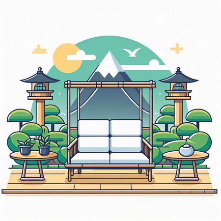 Vector illustration of a Japanese garden with wooden furniture and lanterns.のイラスト素材