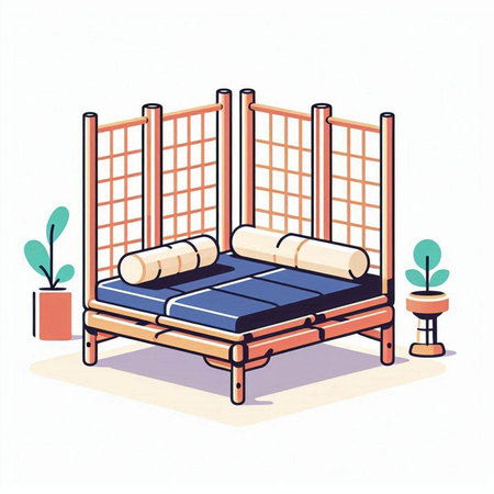 Vector illustration of a wooden bed with pillows in cartoon style.のイラスト素材