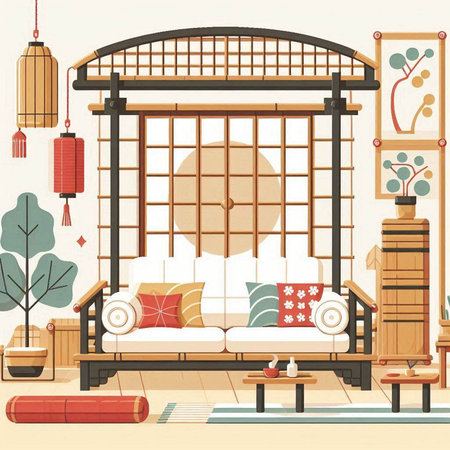 Interior of the living room in retro style. Vector illustration.のイラスト素材