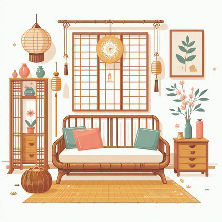 Vector illustration of a cozy bedroom with a wooden bed and a set of furnitureのイラスト素材