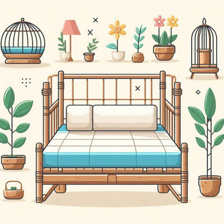 Illustration of a wooden bed with a pillow and a flower potのイラスト素材