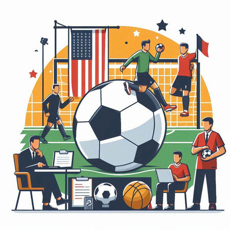 Soccer or football players in uniform with ball and sport equipment, vector illustrationのイラスト素材