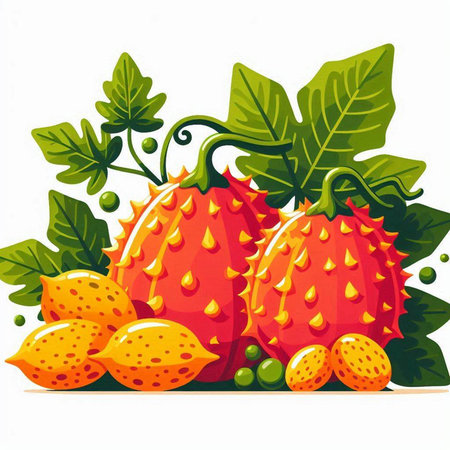 Illustration of ripe kiwano and kiwano fruits.のイラスト素材