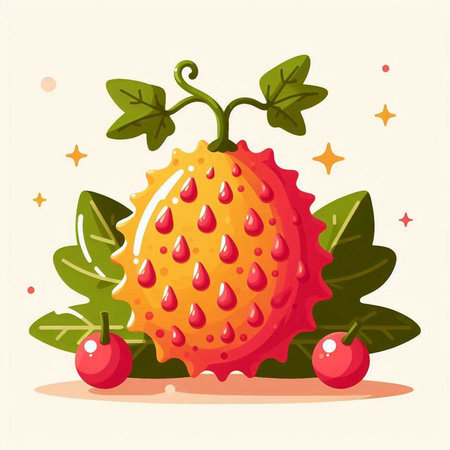 Kiwano fruit with leaves and berries. Vector cartoon illustration.のイラスト素材