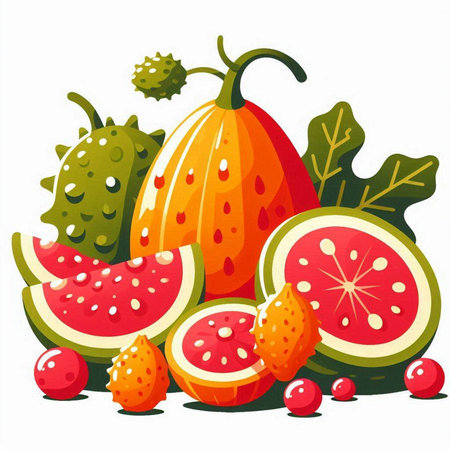 Fruits and berries on a white background. Vector illustration in cartoon style.のイラスト素材