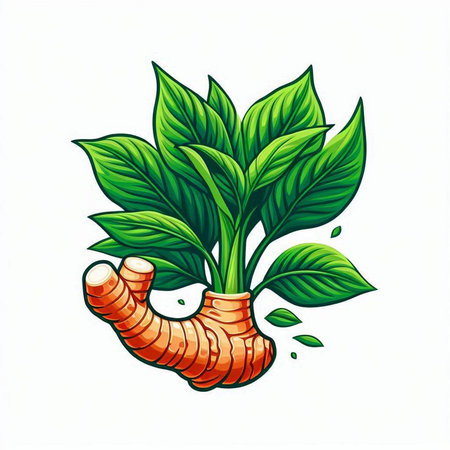 Ginger root with green leaves isolated on white background. Vector illustration.のイラスト素材