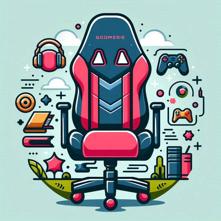 Vector line art illustration of modern office chair with video game controller, headphones, gamepad and other equipment.のイラスト素材