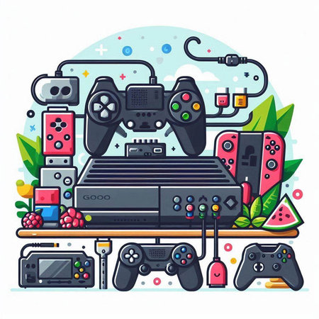 Game console and joysticks. Vector illustration in flat cartoon style.のイラスト素材