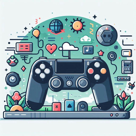 Vector illustration of video game console in flat line style. Gamepad on white background.のイラスト素材
