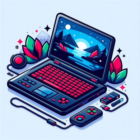 Videogame concept. Game console and laptop with gamepad. Vector illustrationのイラスト素材