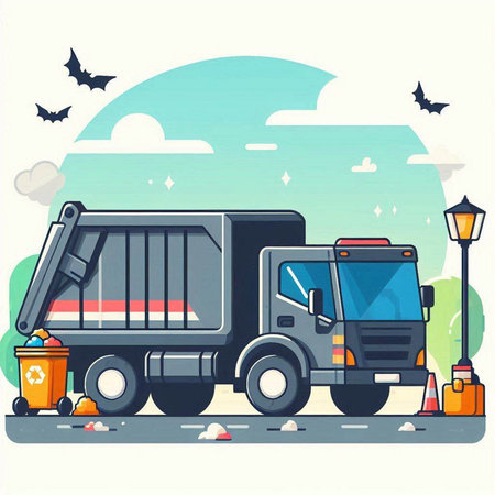 Garbage truck on the street. Vector illustration in flat style.のイラスト素材