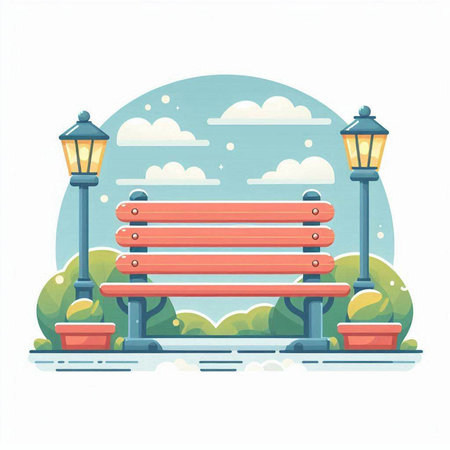Vector illustration of bench in the park. Summer landscape. Flat style.のイラスト素材