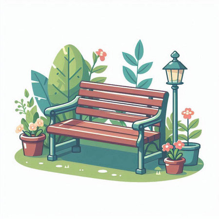Wooden bench in the garden. Vector illustration in flat style.のイラスト素材