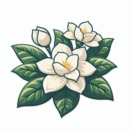 Jasmine flowers and leaves isolated on white background. Vector illustration.のイラスト素材