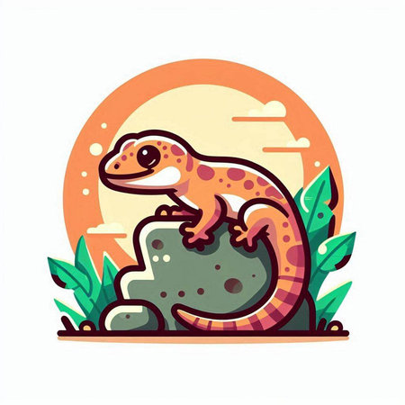 Cute cartoon gecko standing on a rock. Vector illustration.のイラスト素材