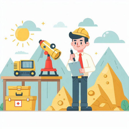 Architect working at the construction site. Vector illustration in flat styleのイラスト素材