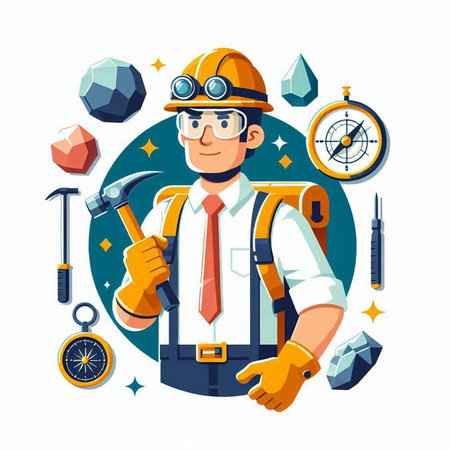 Engineer in helmet with tools. Vector illustration in cartoon style.のイラスト素材