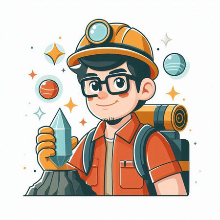 Vector illustration of a cartoon miner in helmet and glasses holding a stone.のイラスト素材