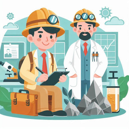 Vector illustration of a scientist and engineer working in the lab. Flat style design.のイラスト素材