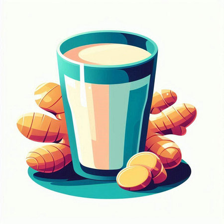 Glass of turmeric latte with turmeric root. Vector illustration.のイラスト素材
