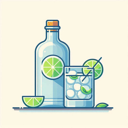Alcoholic cocktail with lime and ice. Vector illustration in flat styleのイラスト素材
