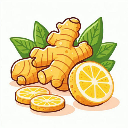 Illustration of ginger, lemon and mint leaves on a white backgroundのイラスト素材