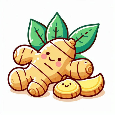 Ginger vector illustration isolated on white background. Cute cartoon ginger character with green leaves.のイラスト素材