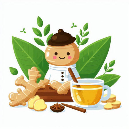Cute cartoon ginger tea with honey and ginger. Vector illustration.のイラスト素材