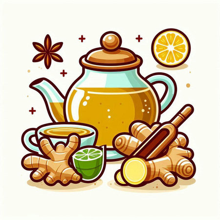 Cup of tea with ginger, lemon and spices. Vector illustration.のイラスト素材